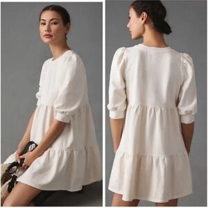 ANTHROPOLOGIE T.LA Cream Ivory PUFF SHORT SLEEVE SAVANNAH MINI DRESS Large  V27